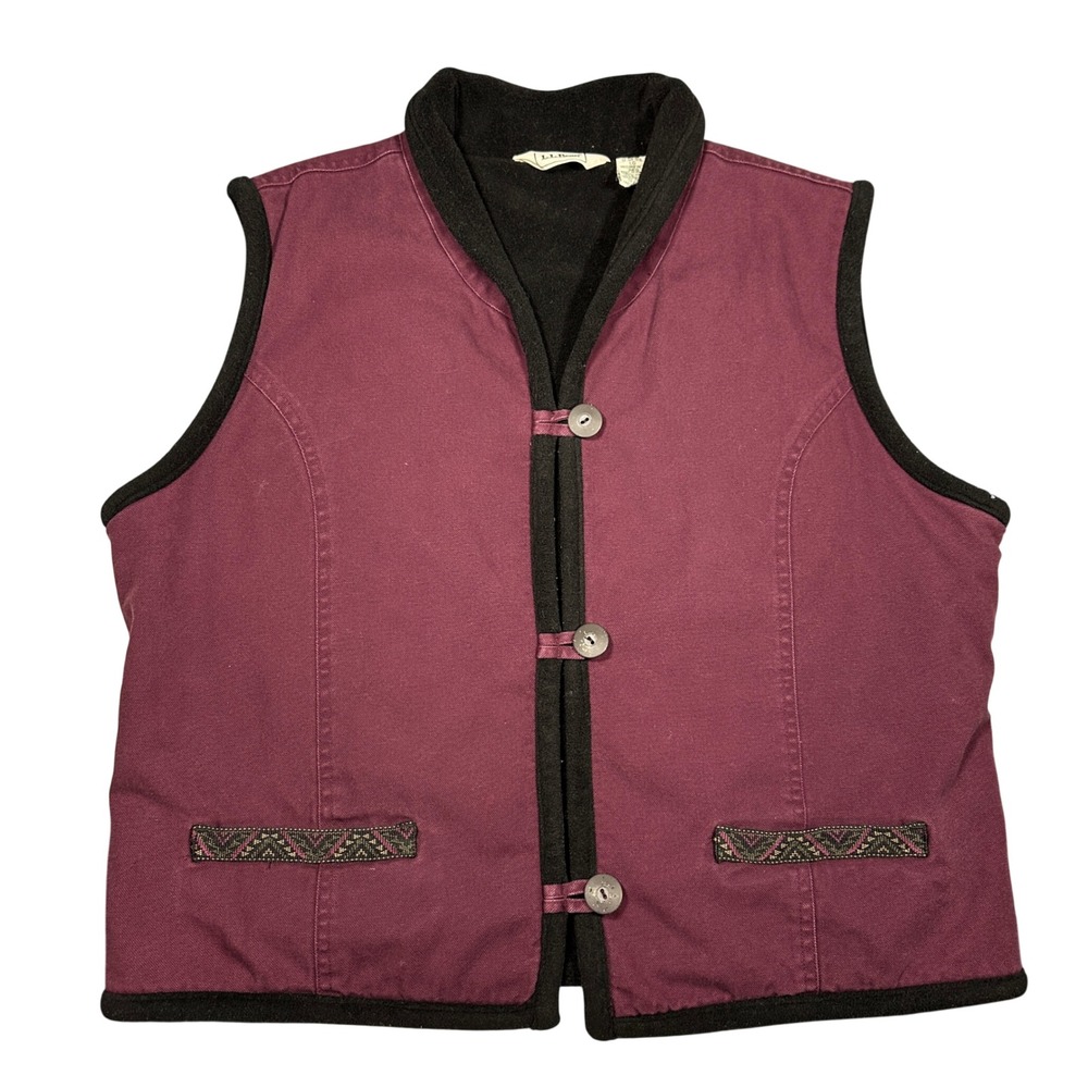 VTG Y2K L.L. Bean Womens L Canvas Fleece Lined Vest Burgundy Southwestern 0DF53